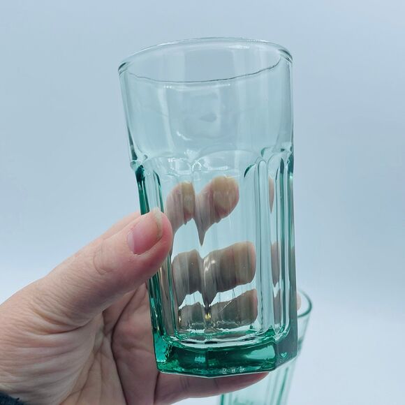 PAir of Green Glass LIBBEY 4.6" Heptagon Base Juice Glasses - Picture 2 of 8